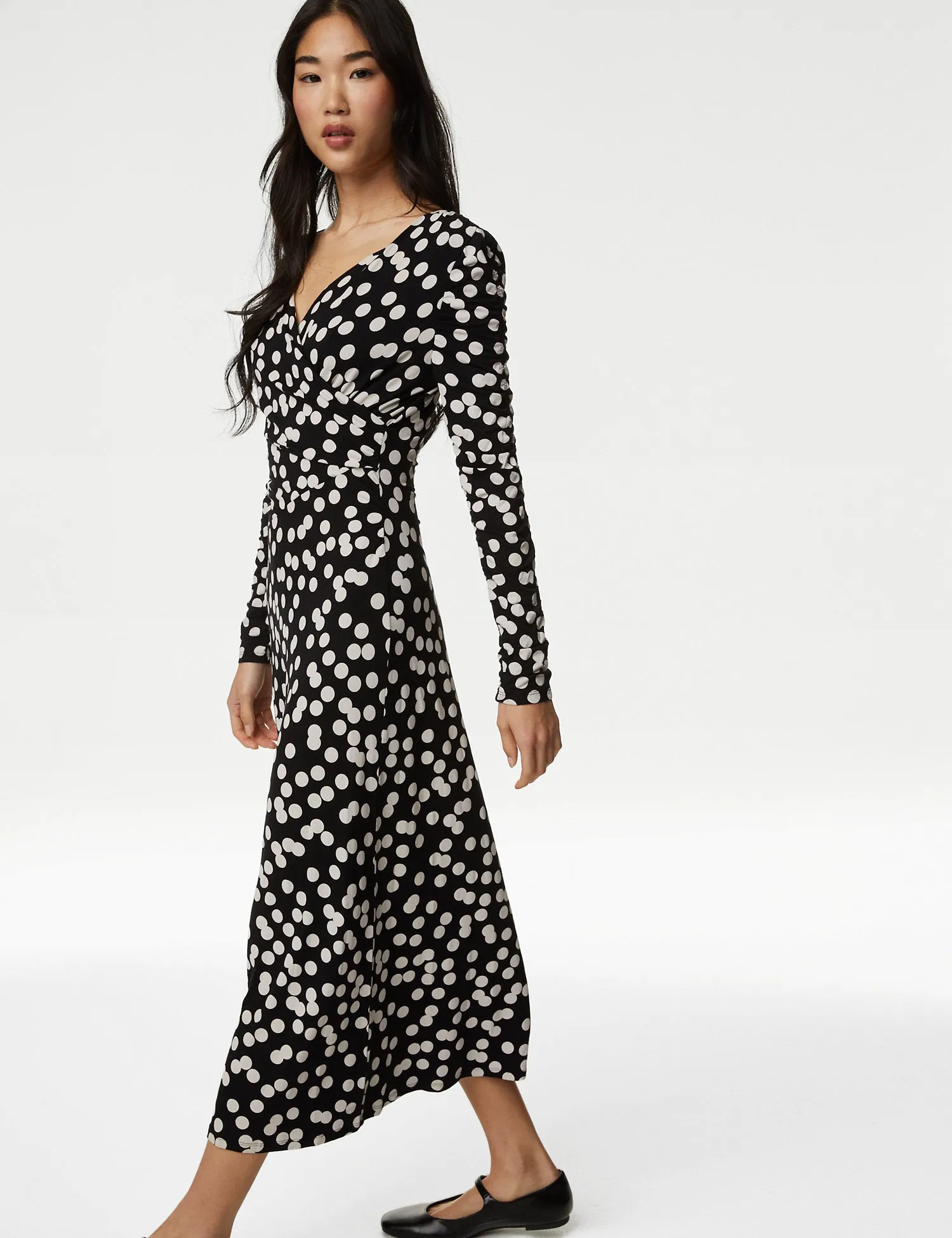 Jersey Polka Dot V-Neck Midi Wrap Dress