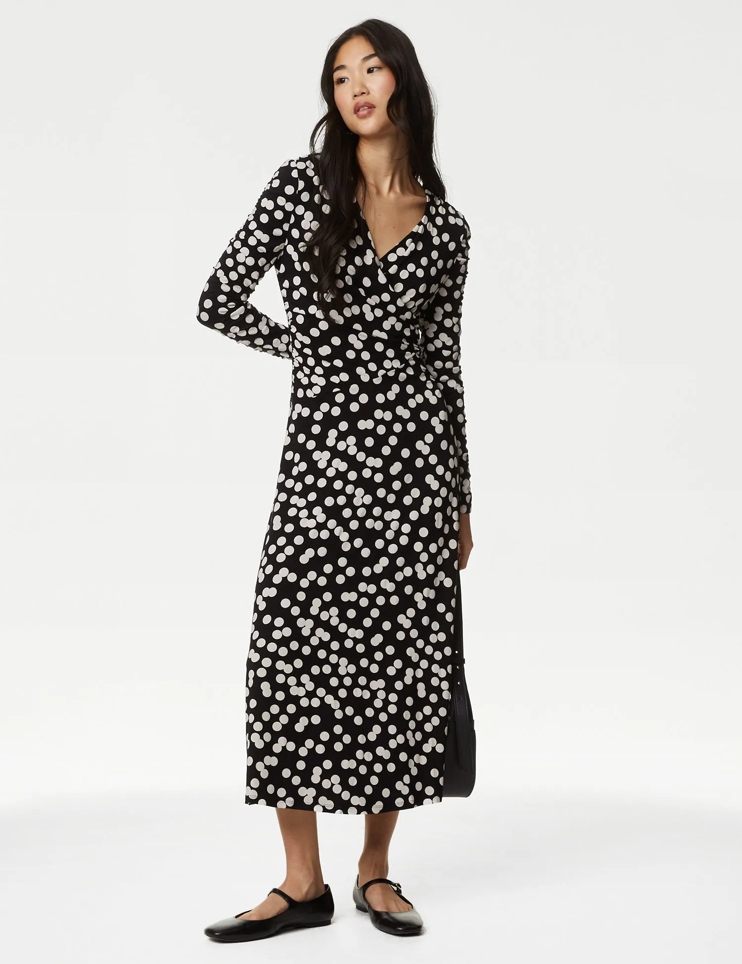 Jersey Polka Dot V-Neck Midi Wrap Dress