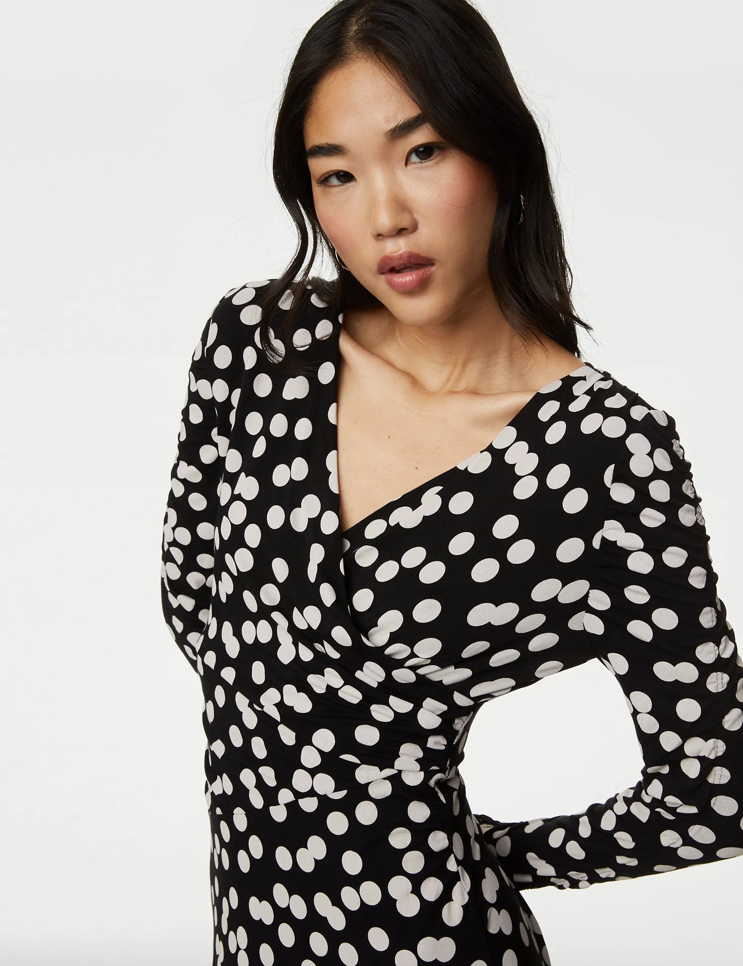 Jersey Polka Dot V-Neck Midi Wrap Dress