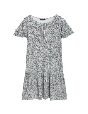 Jersey Printed Tie Neck Mini Smock Dress