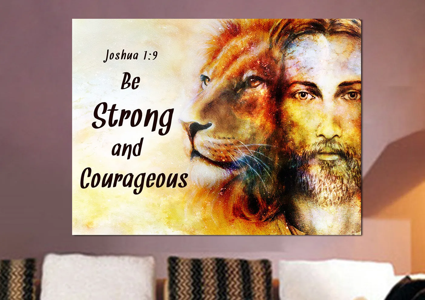 Jesus & Lion Joshua 19 Be Strong And Courageous Wall Art - Christian Canvas Wall Art