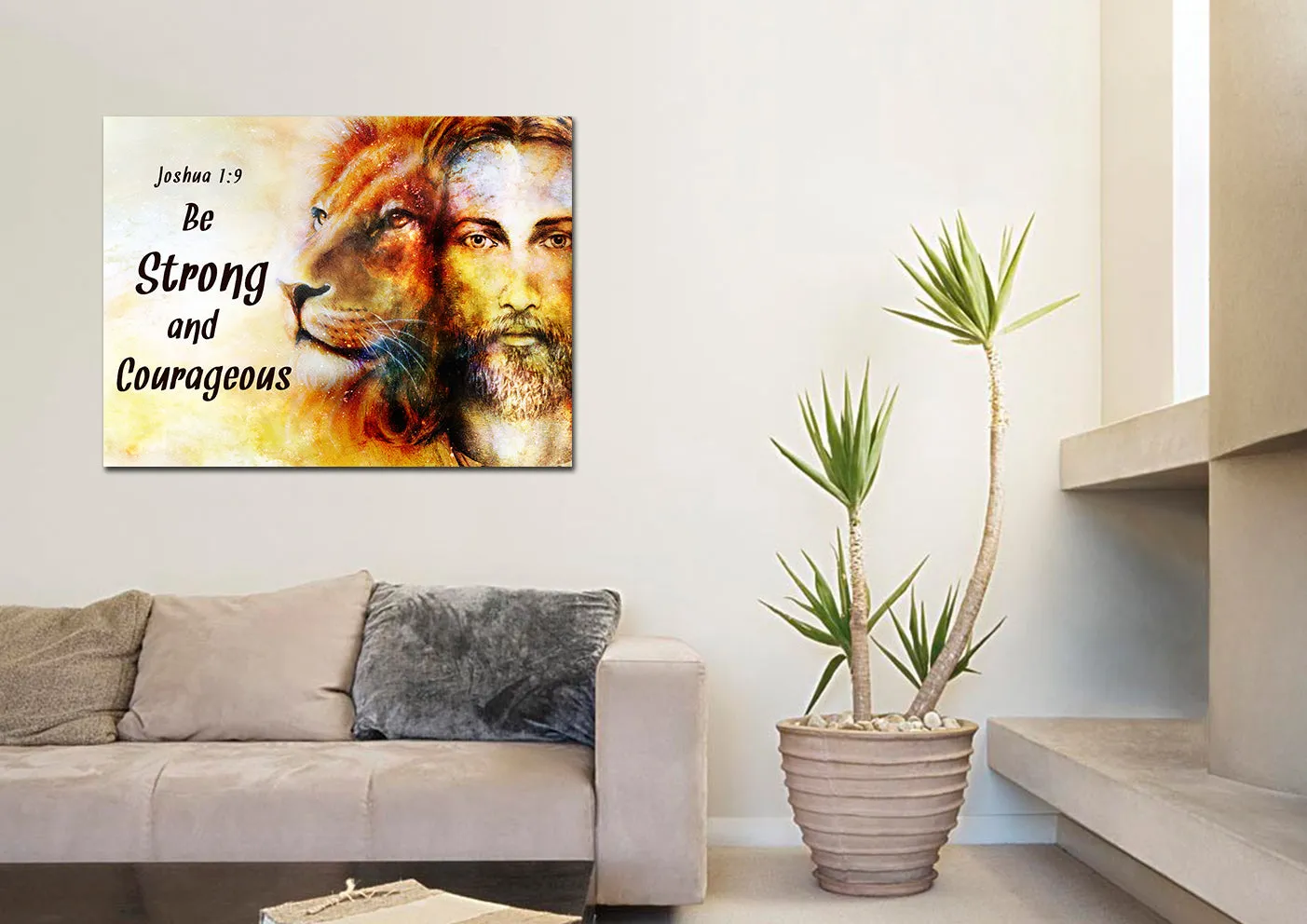 Jesus & Lion Joshua 19 Be Strong And Courageous Wall Art - Christian Canvas Wall Art