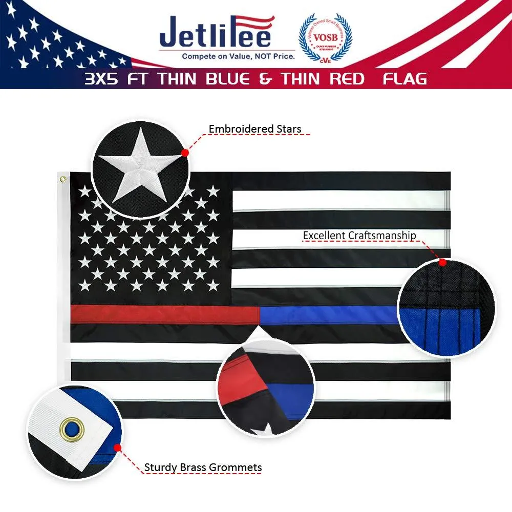 Jetlifee 3x5 Ft Embroidery Thin Blue Line Thin Red Line Flag