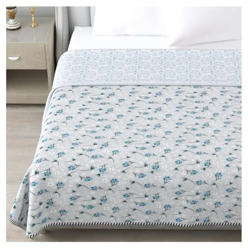 Jewear Beautiful Green & Sky Blue Flower Mixture Printed Cotton Design Blanket/Dohar A Classic Choice for Modern Homes 60/90 Queen Size Quantity 1 Pack of 1pcs.