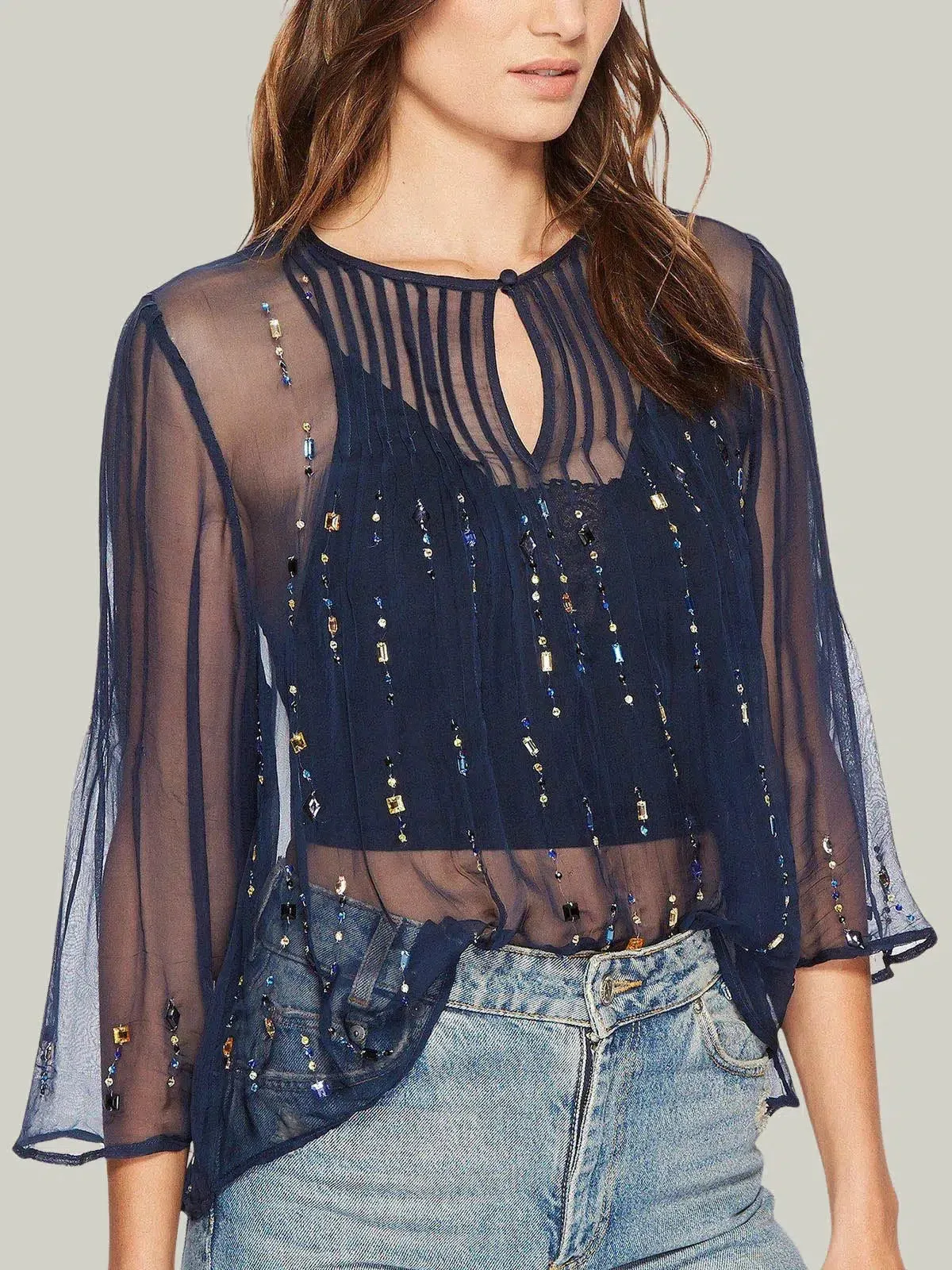 Jewel Embellished Sheer Blouse