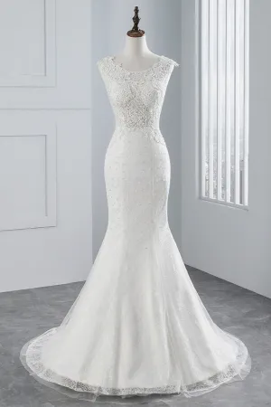 Jewel Neck Sleeveless Long Mermaid Wedding Dress with Tulle Lace Appliques