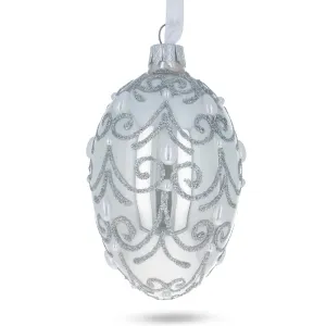 Jeweled Beads On Glossy White Glass Egg Ornament 4 Inches