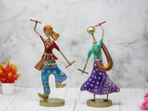 JH Gallery Handmade Handpainted Playing Dandia Couple Rajasthani Handicraft Wrought Iron Emboss Painted Decorative Showpiece Multicolor 12.5 Inch Height