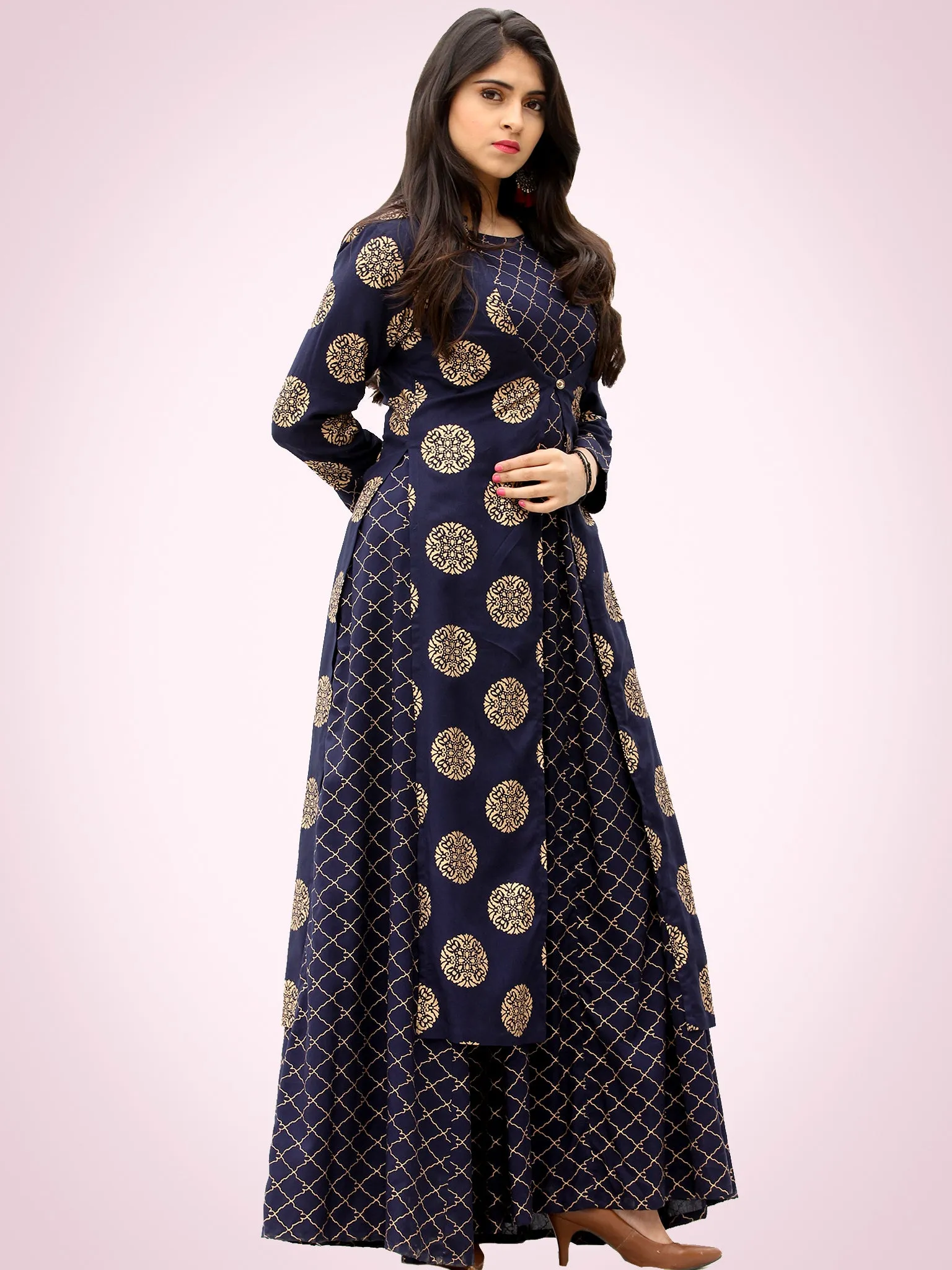 Jina - Indigo Gold Block Printed Long Cape Dress - D400F2199