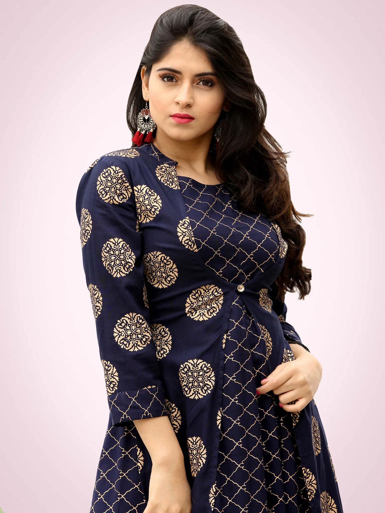 Jina - Indigo Gold Block Printed Long Cape Dress - D400F2199