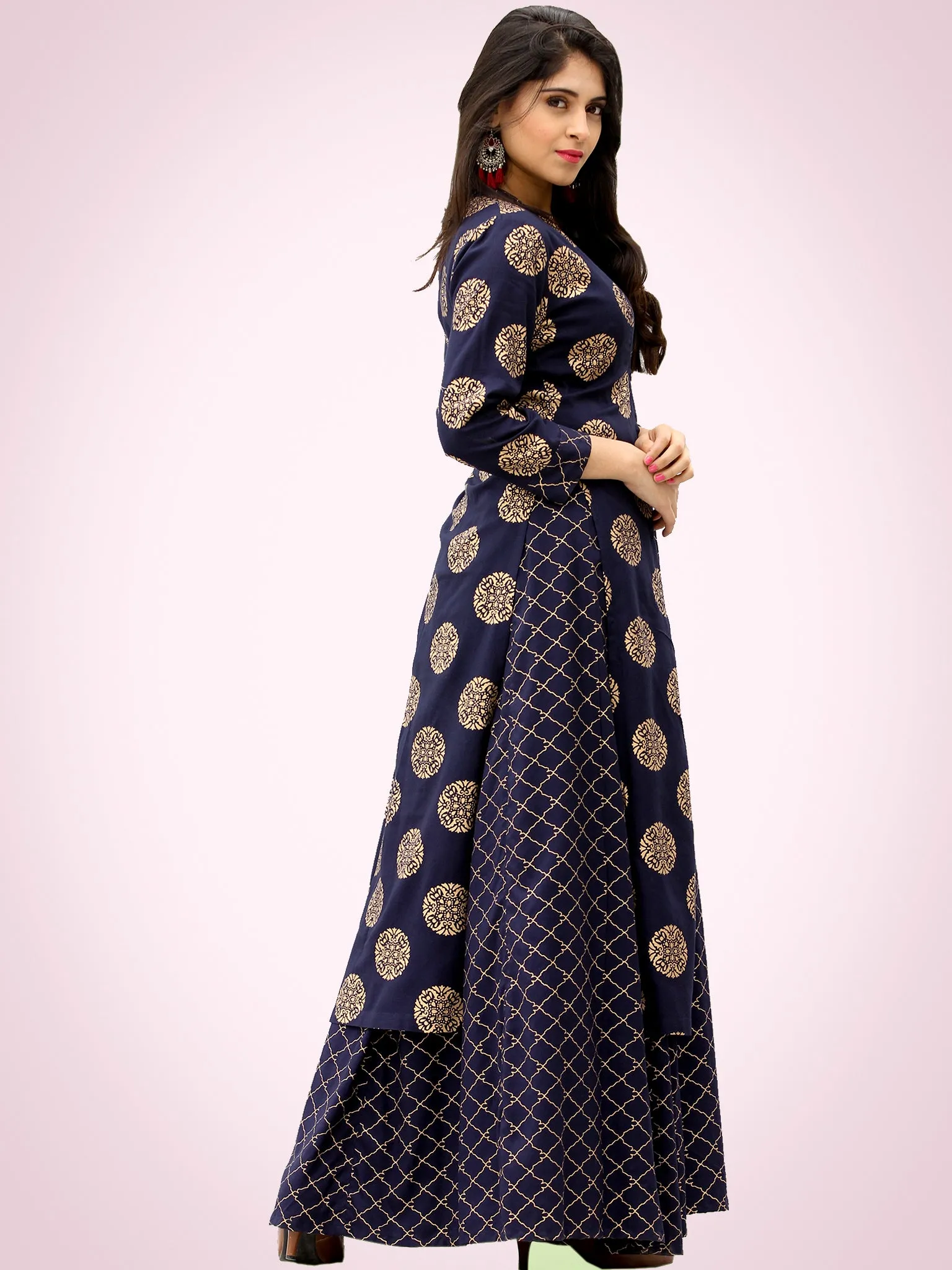 Jina - Indigo Gold Block Printed Long Cape Dress - D400F2199