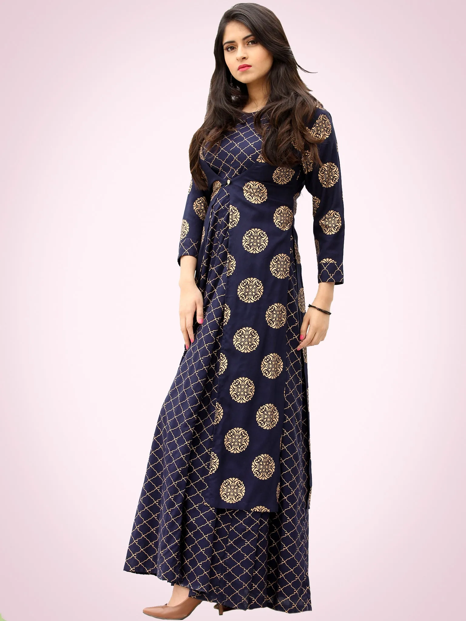 Jina - Indigo Gold Block Printed Long Cape Dress - D400F2199