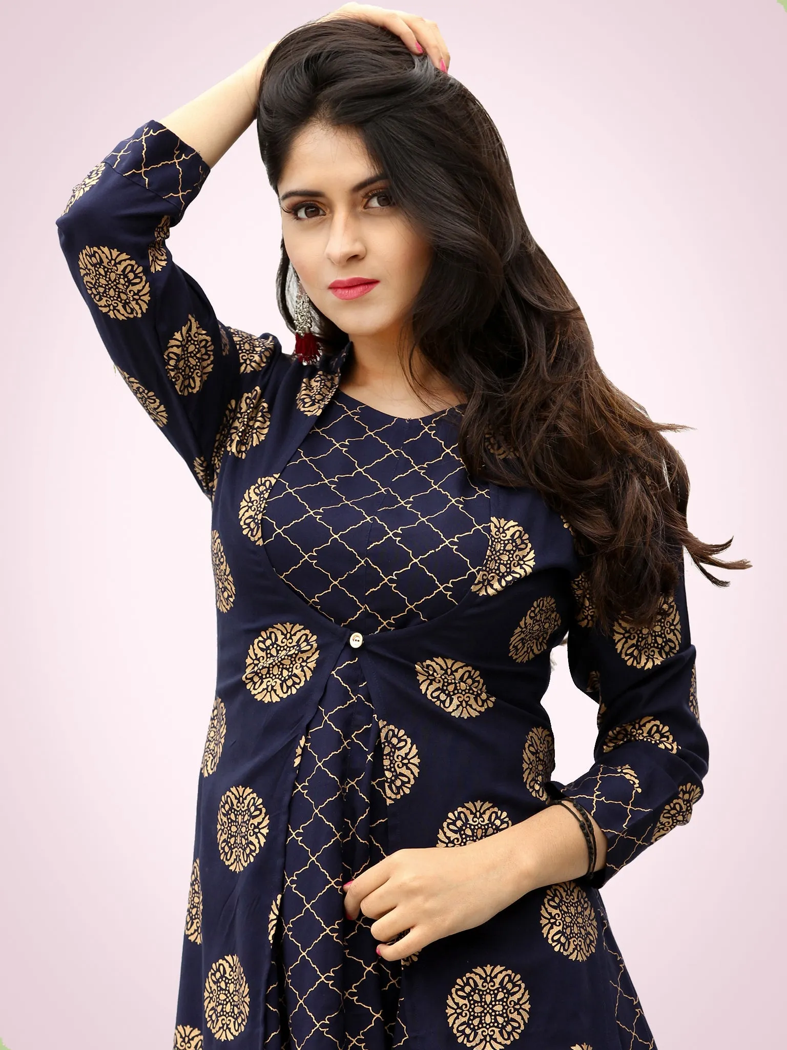 Jina - Indigo Gold Block Printed Long Cape Dress - D400F2199