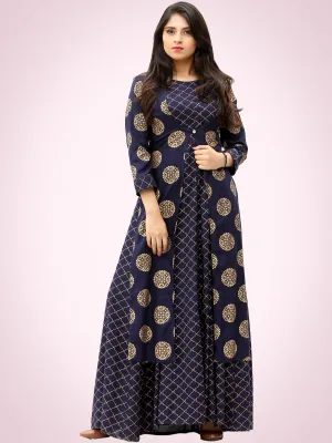 Jina - Indigo Gold Block Printed Long Cape Dress - D400F2199