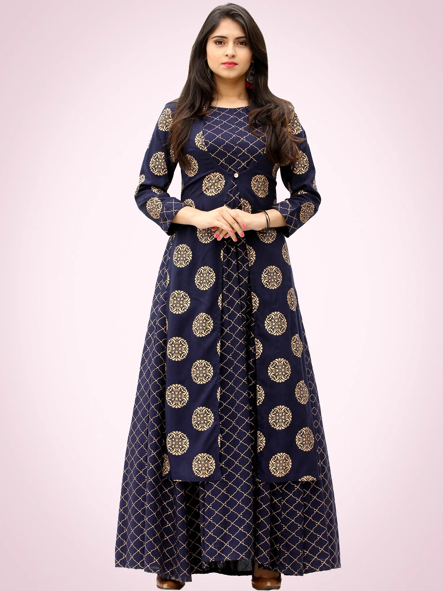 Jina - Indigo Gold Block Printed Long Cape Dress - D400F2199