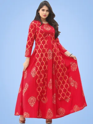 Jina - Red Gold Block Printed Long Cape Dress - D400FYYYY