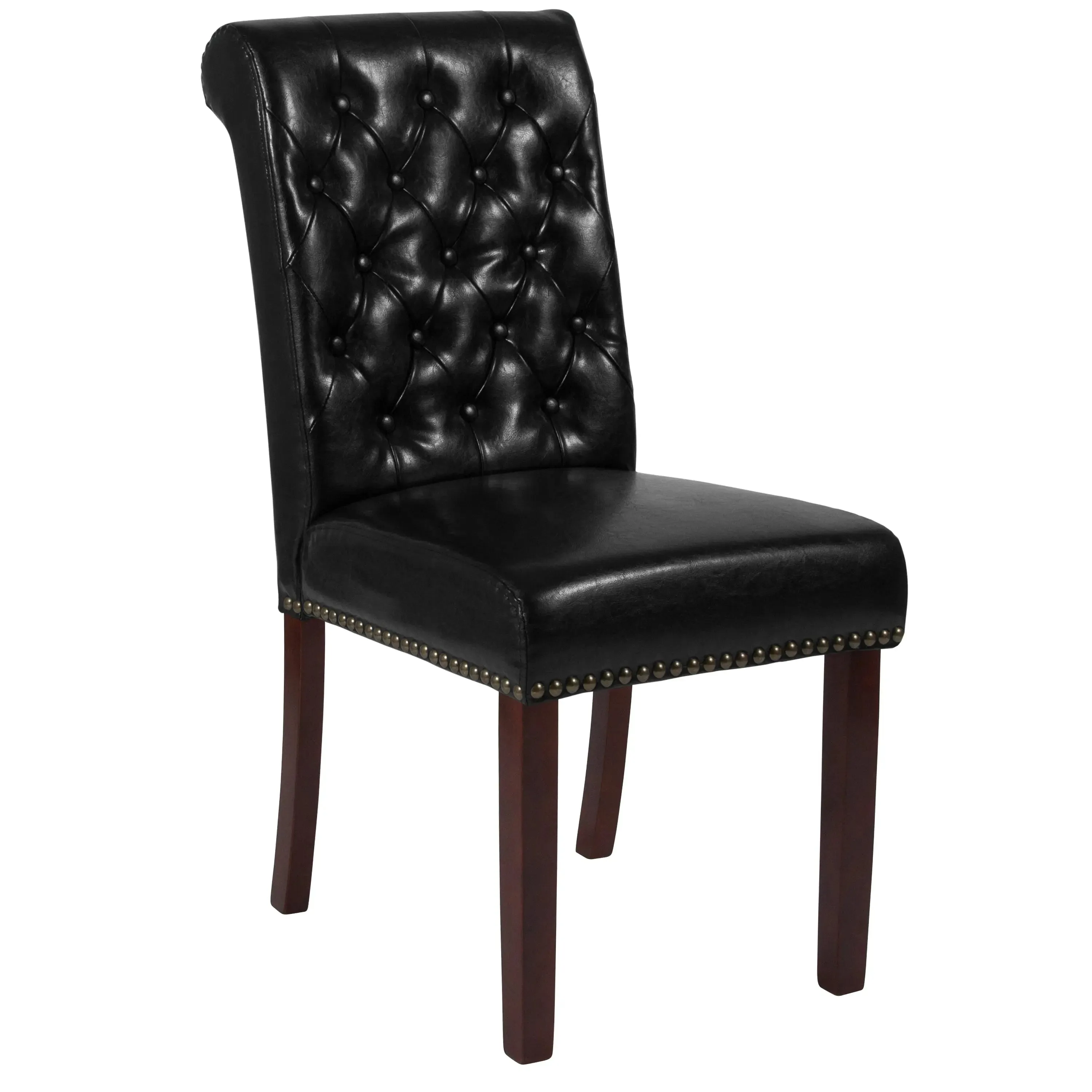 Joanne Black Faux Leather Parsons Chair with Rolled Back, Nail Trim/Walnut Finish