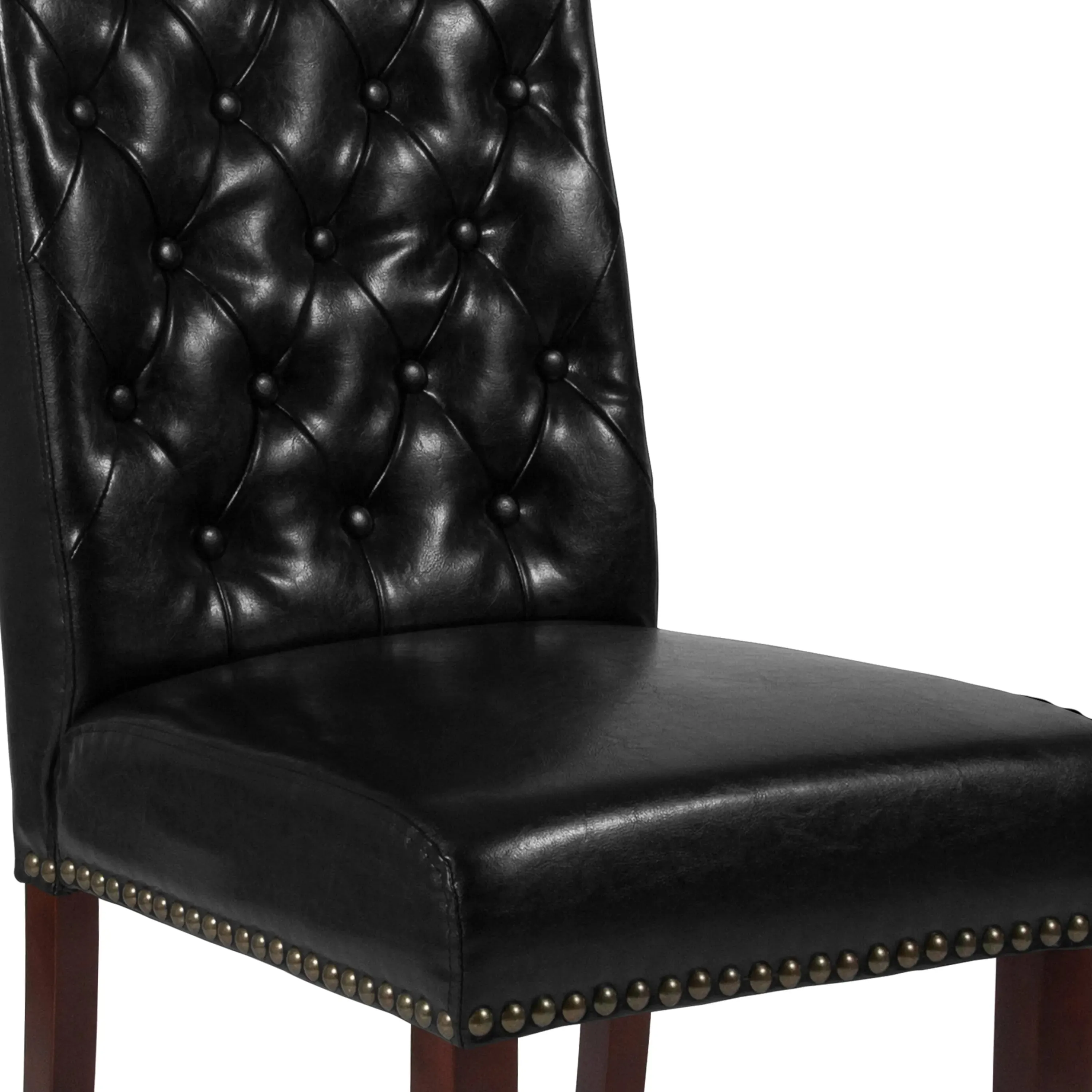 Joanne Black Faux Leather Parsons Chair with Rolled Back, Nail Trim/Walnut Finish