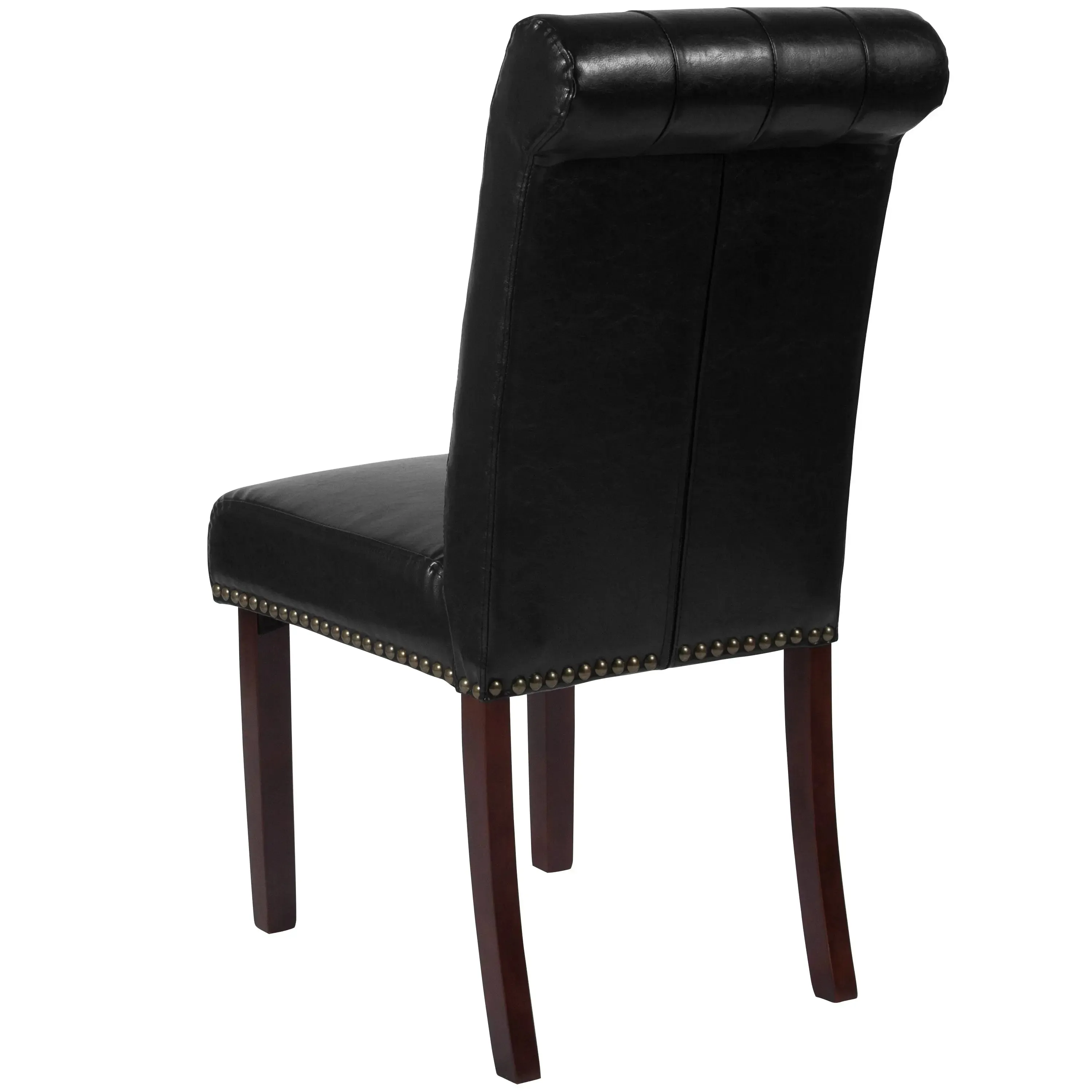 Joanne Black Faux Leather Parsons Chair with Rolled Back, Nail Trim/Walnut Finish