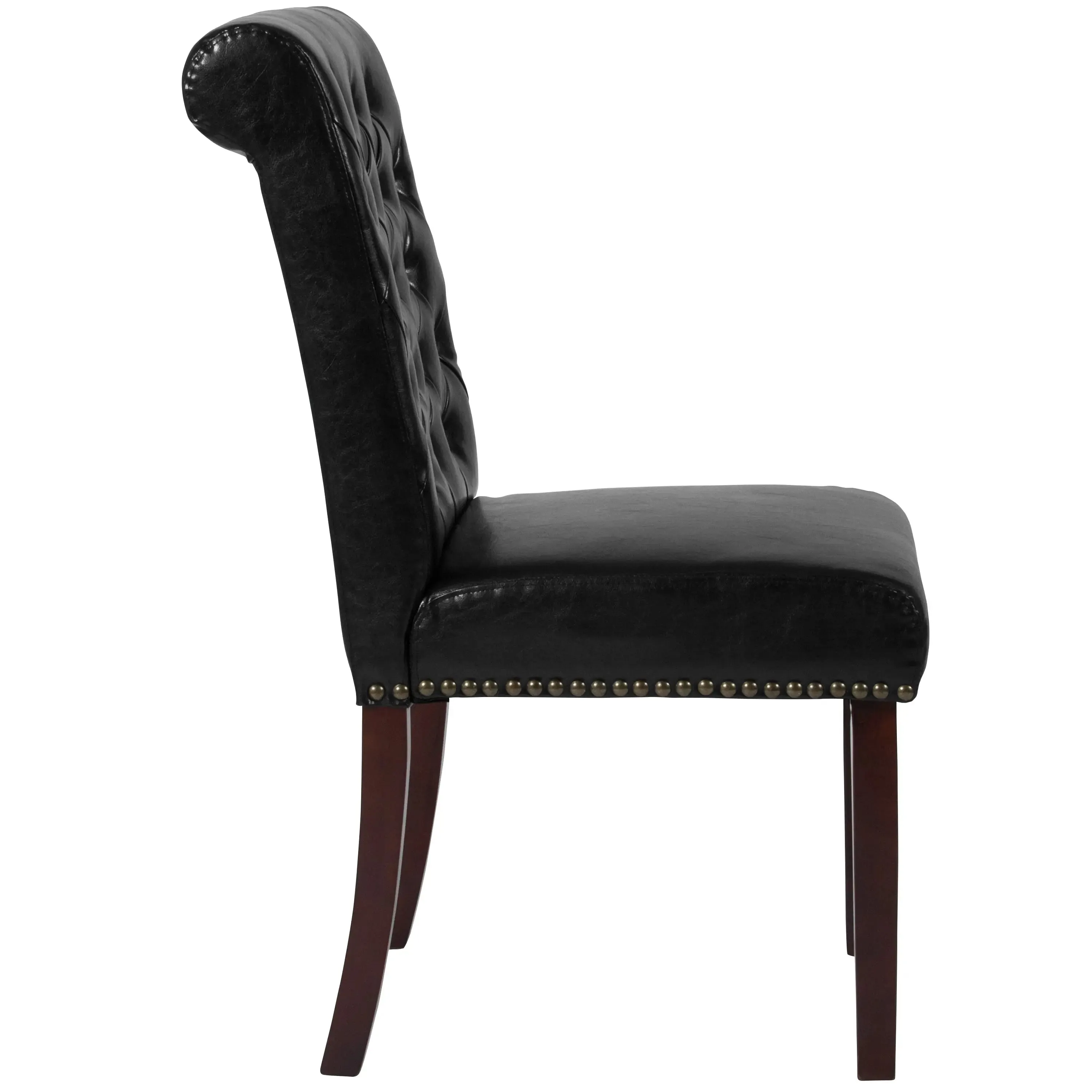 Joanne Black Faux Leather Parsons Chair with Rolled Back, Nail Trim/Walnut Finish