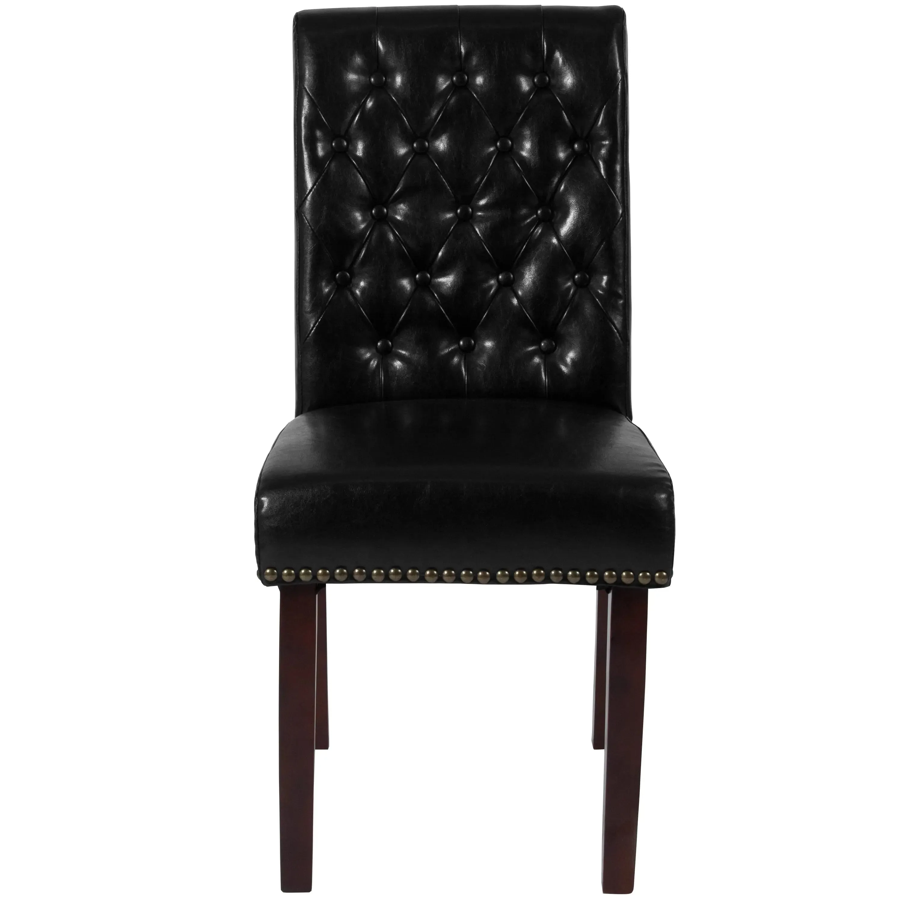 Joanne Black Faux Leather Parsons Chair with Rolled Back, Nail Trim/Walnut Finish