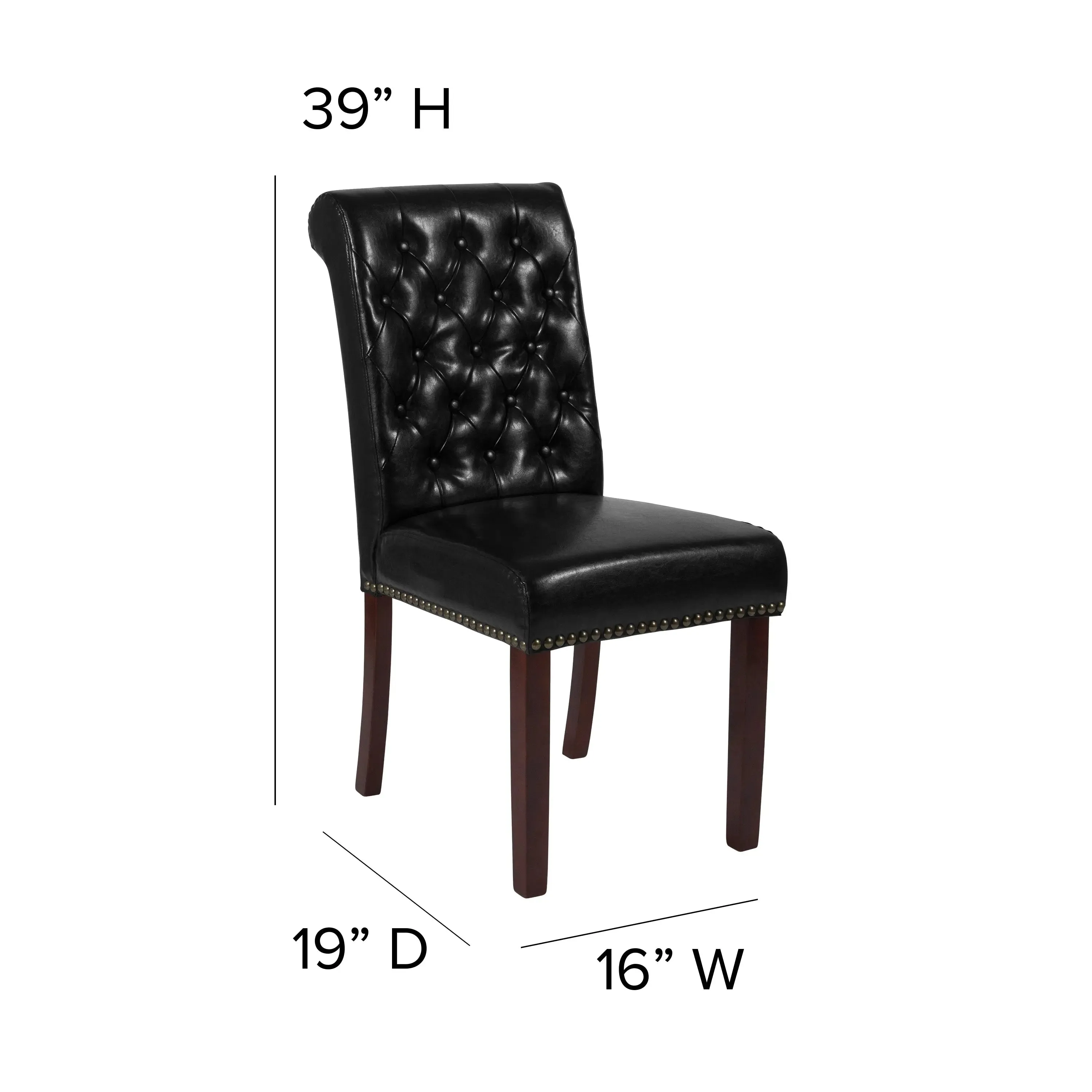 Joanne Black Faux Leather Parsons Chair with Rolled Back, Nail Trim/Walnut Finish