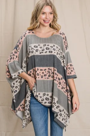 Jodifl Striped Leopard Poncho Tunic Top - Charcoal