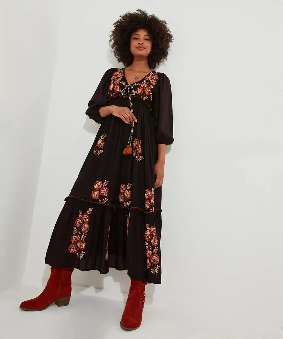 Joe Browns 14 Black Sensational Embroidered Boho Dress