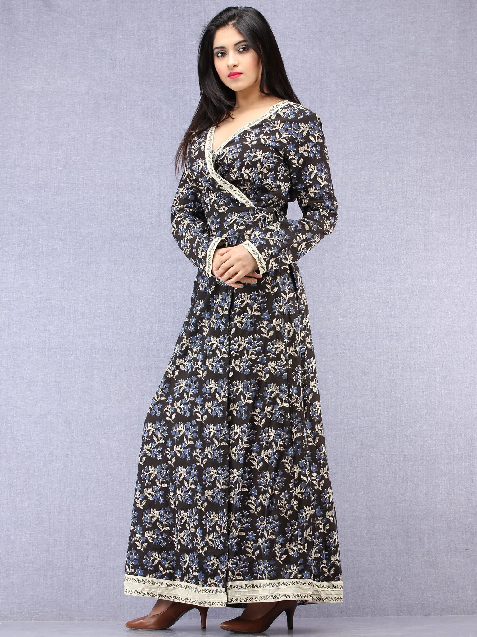 Johi - Hand Block Printed Long Cotton Wrap Round Dress  - D394F2062