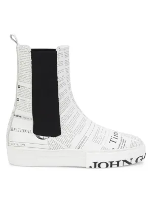 John Galliano Gazette Print Leather Chelsea Boots, White