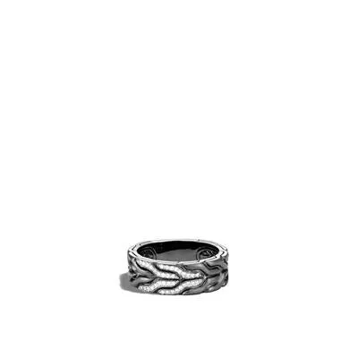 John Hardy Mens Classic Chain Sterling Silver Diamond Pave 8mm Band Ring in Brushed Finish and Matte Black Rhodium Plating