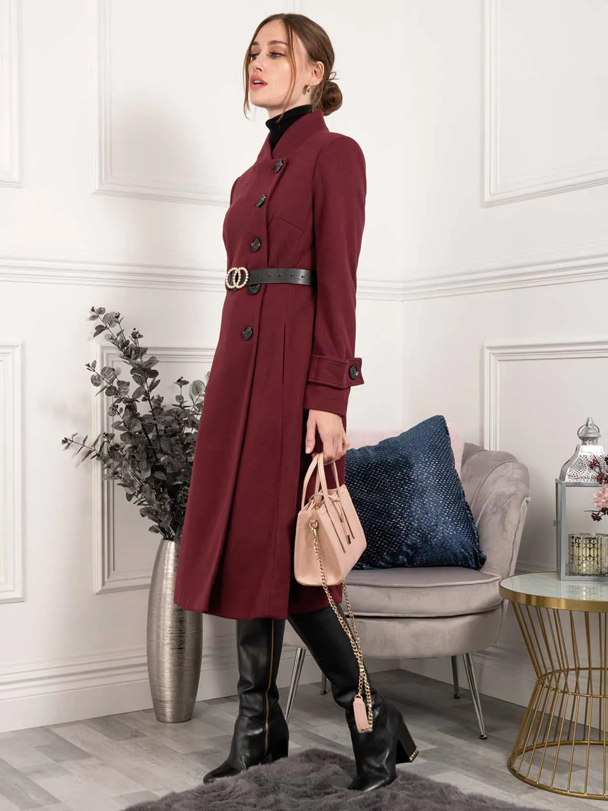 Jolie Moi Kate Fit & Flare Midi Coat, Burgundy