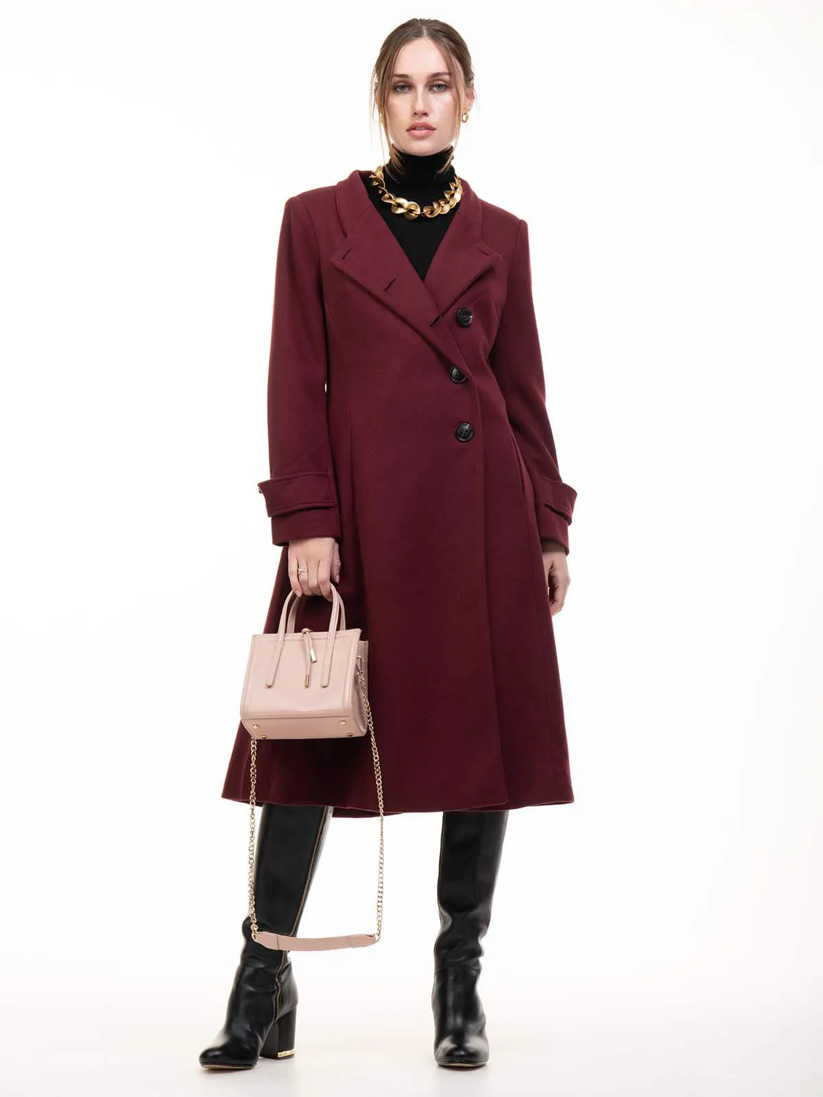 Jolie Moi Kate Fit & Flare Midi Coat, Burgundy