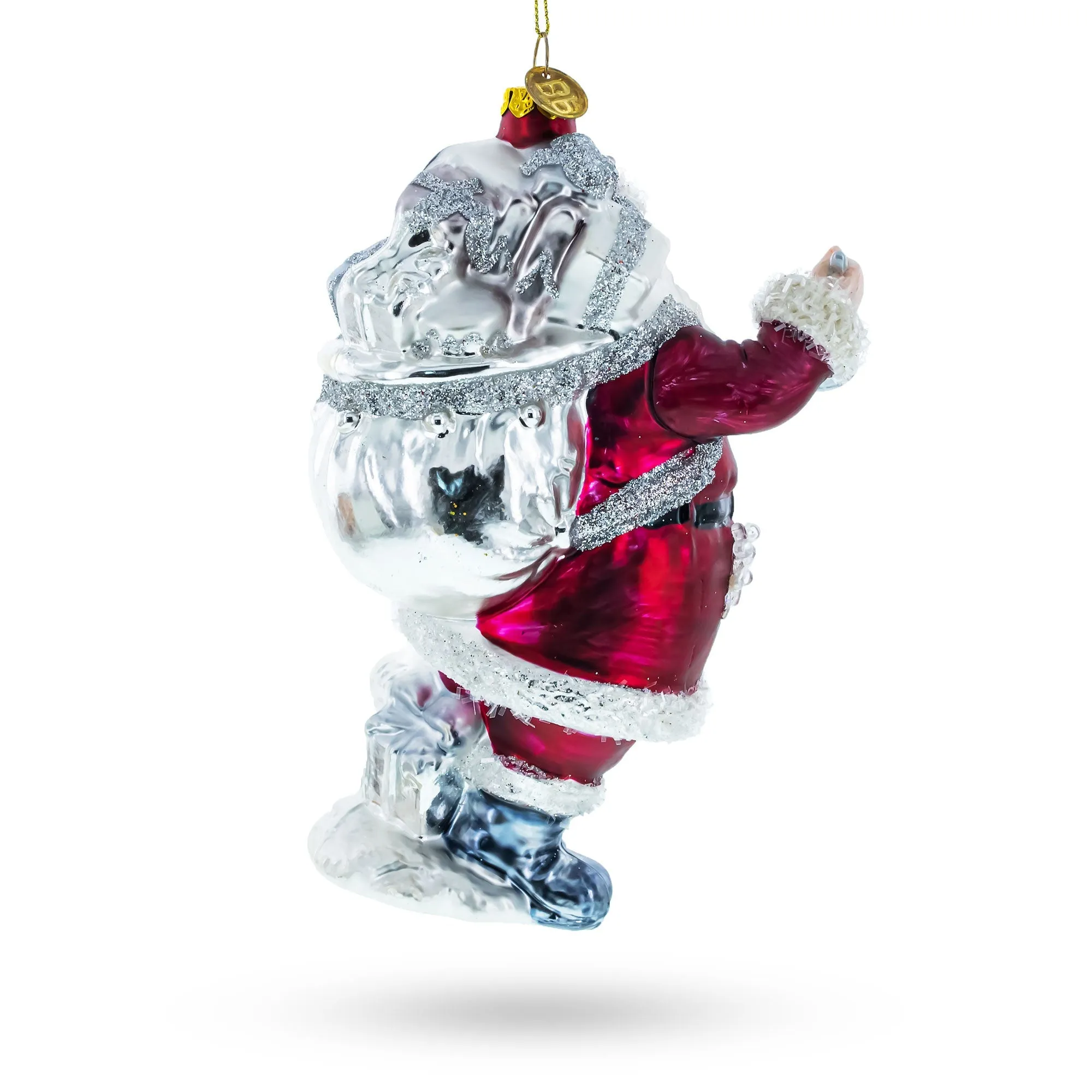 Jolly Santa Ringing A Golden Bell - Blown Glass Christmas Ornament