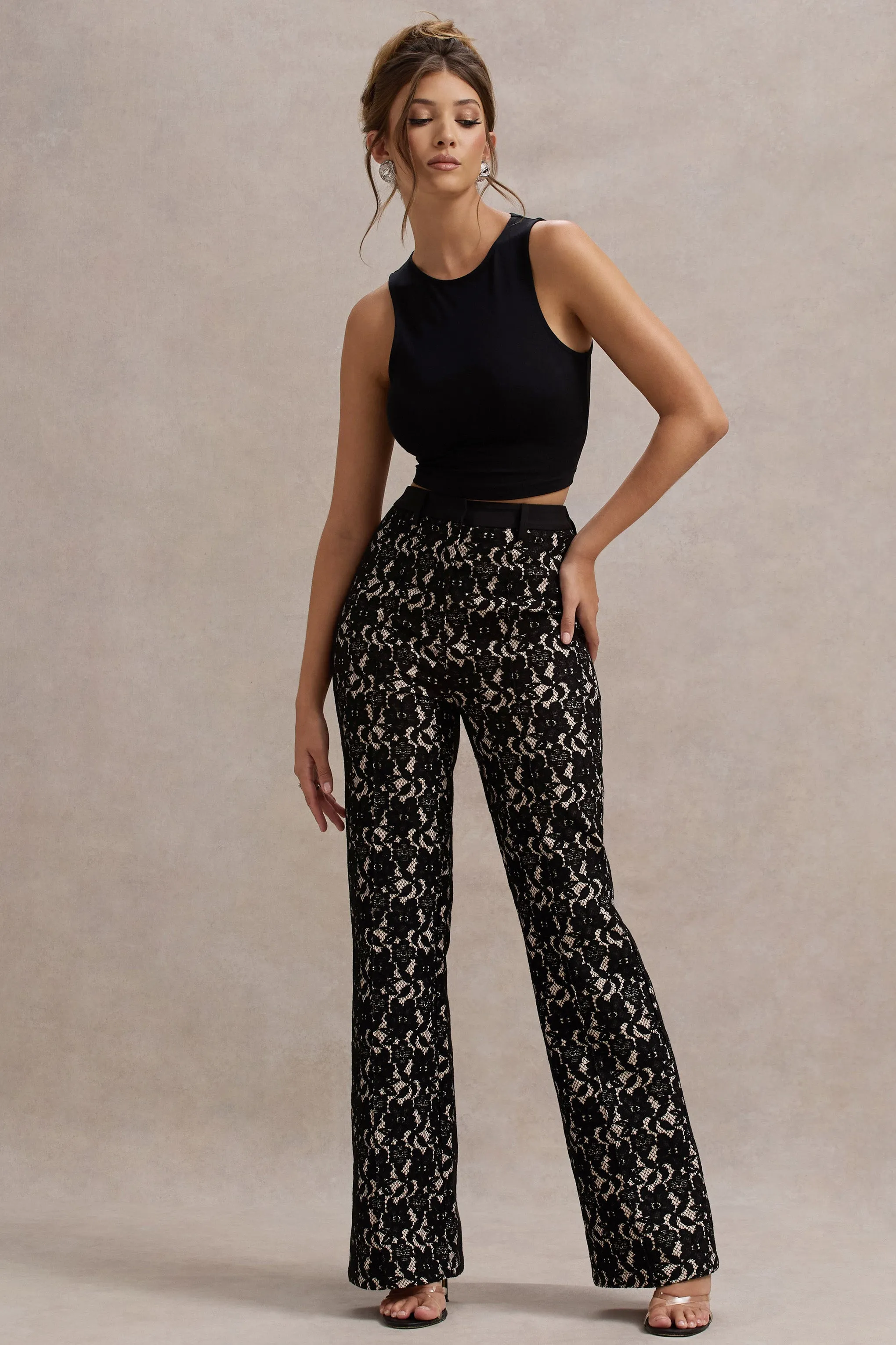 Jordanne | Black Lace Flared-Leg Trousers