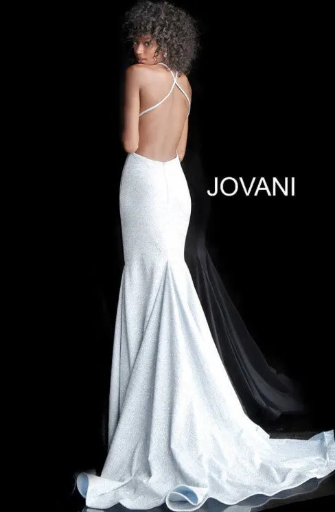 JOVANI 65416 White High Neck Glitter Mermaid Dress - Size 10