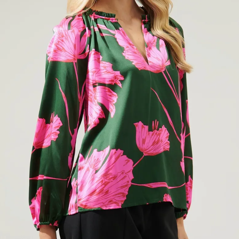 Jovie Floral Split Neck Satin Raglan Blouse