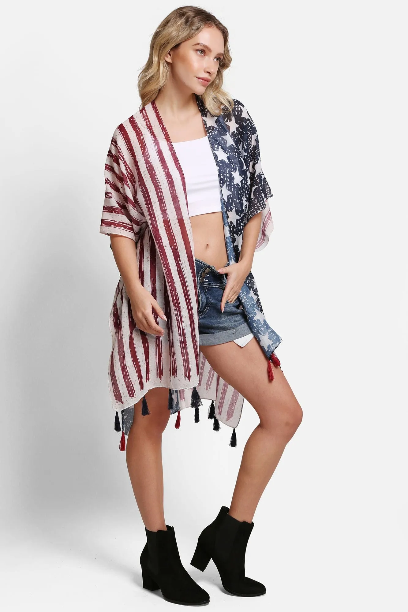 JP5008 American Flag Kimono With Tassels