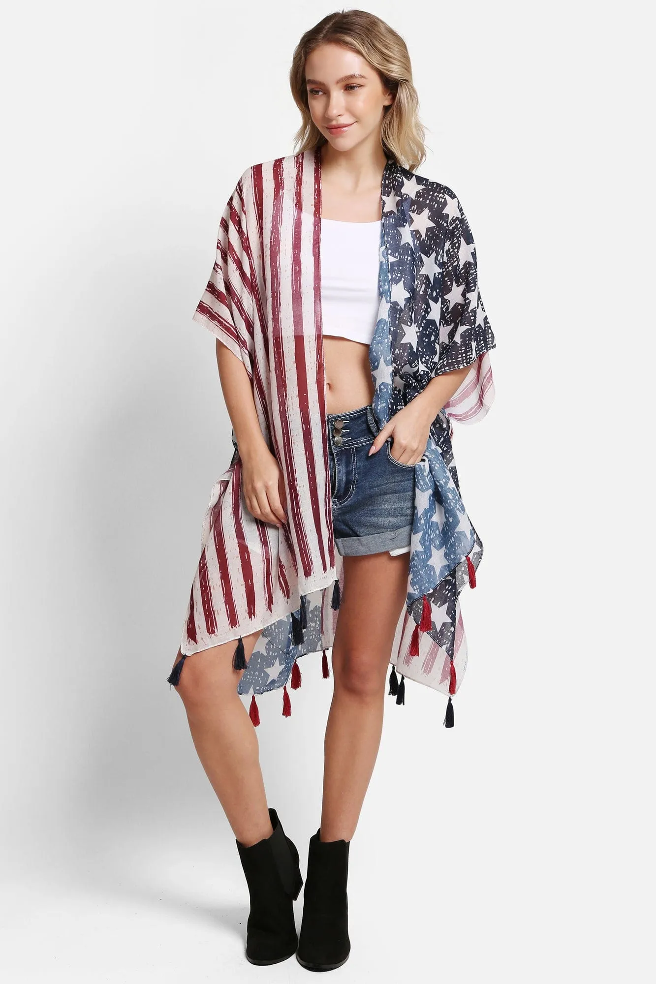 JP5008 American Flag Kimono With Tassels