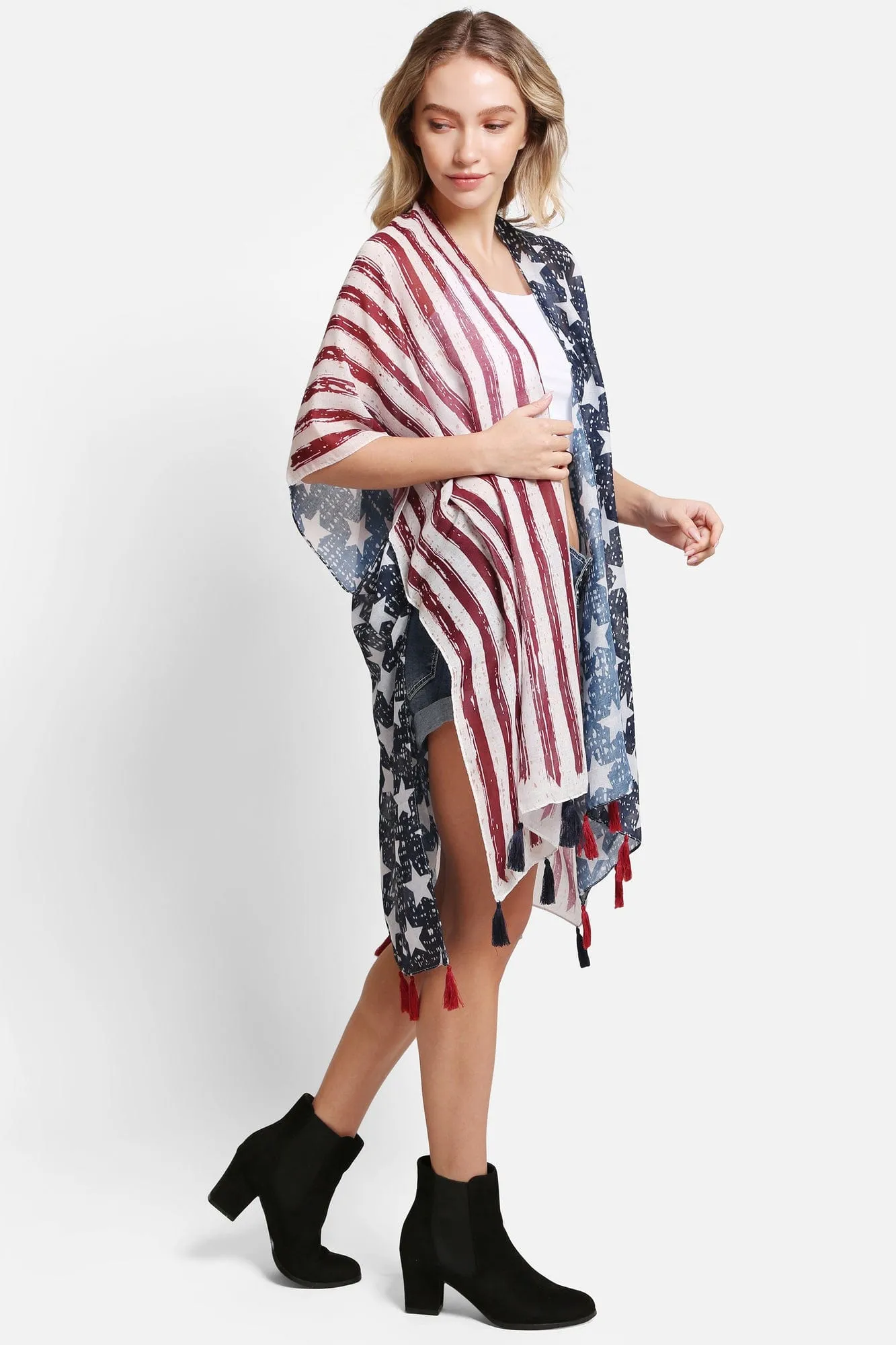 JP5008 American Flag Kimono With Tassels