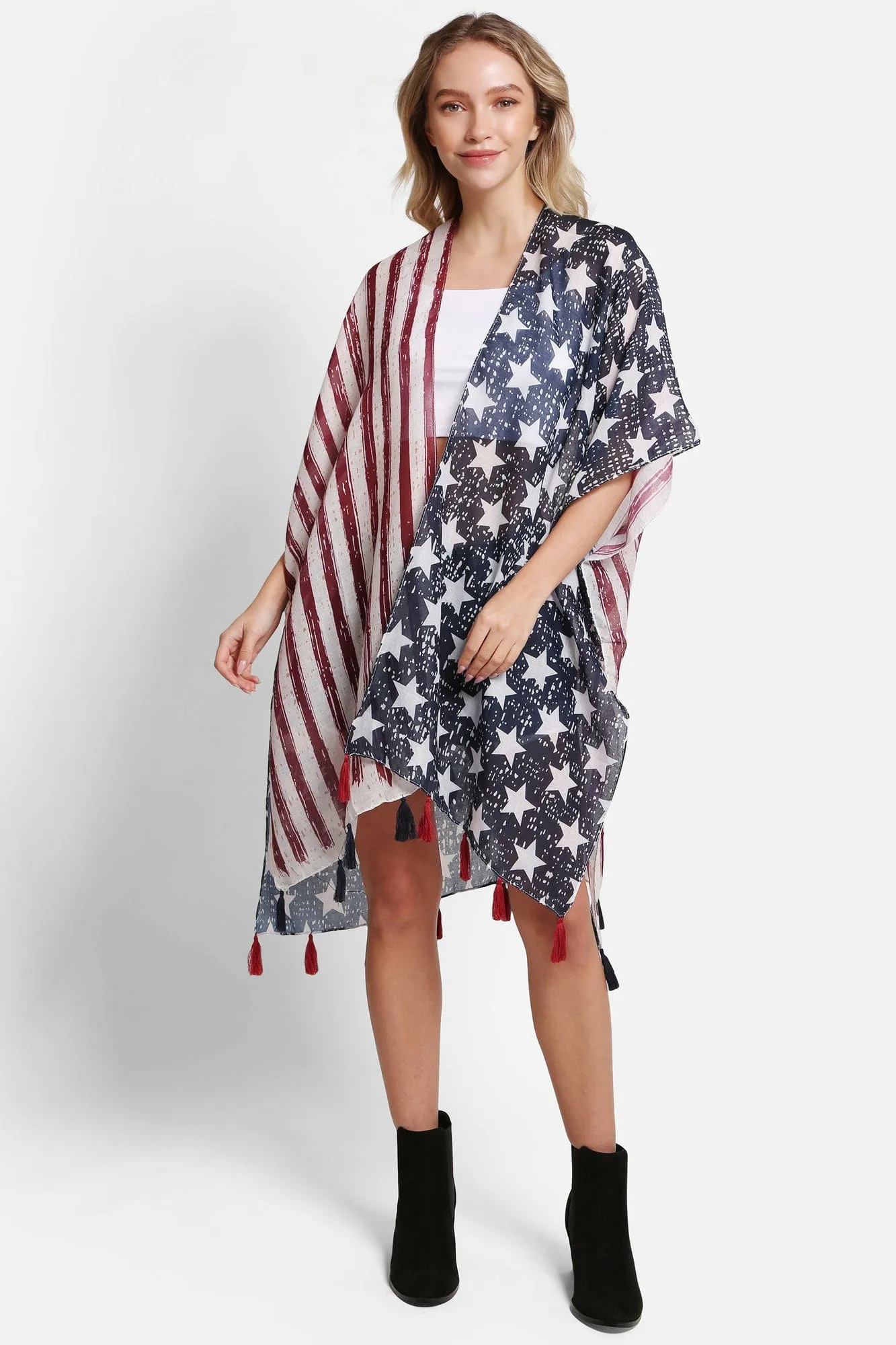 JP5008 American Flag Kimono With Tassels