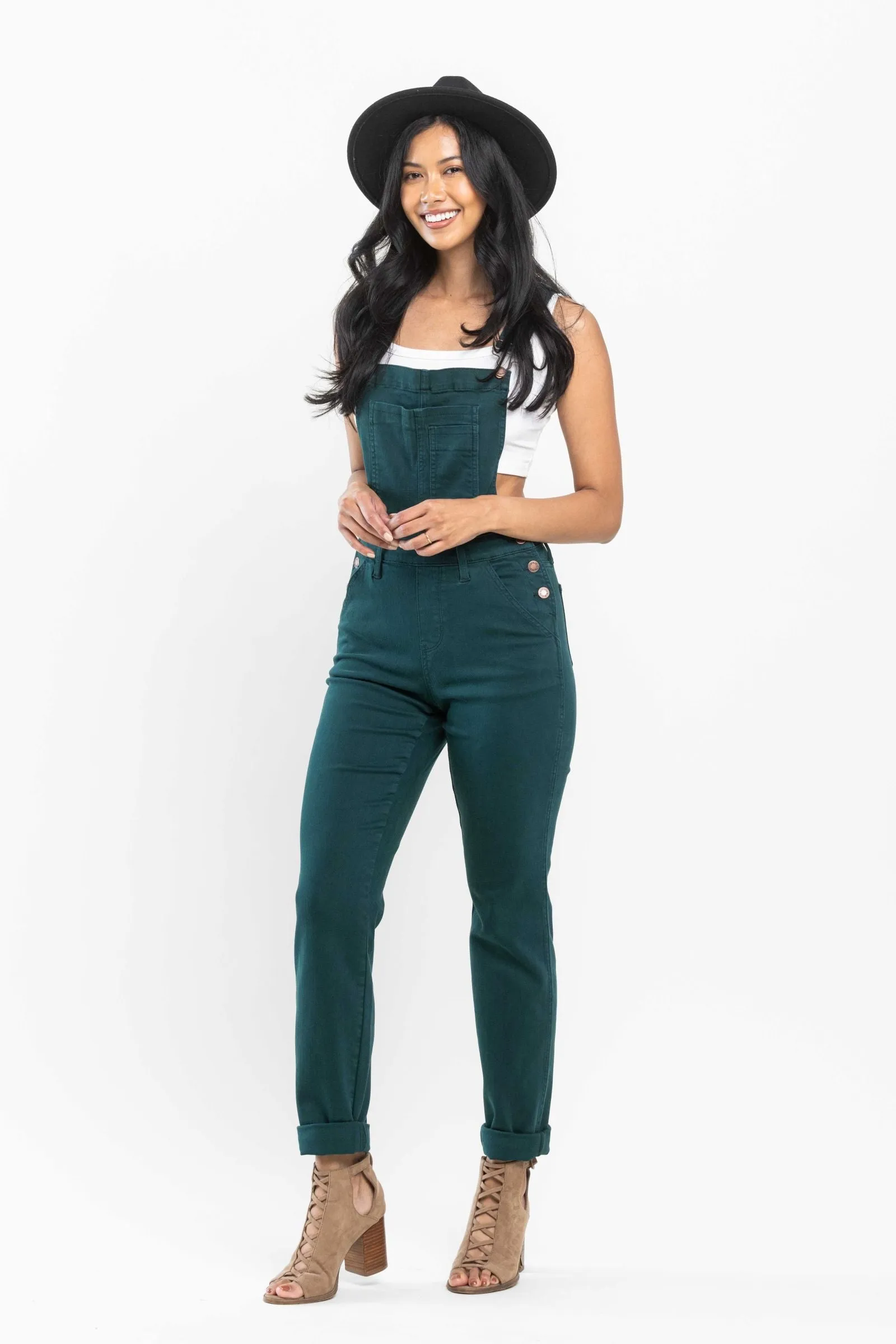 Judy Blue High Waist Garment Dyed Teal Double Cuff Boyfriend Overall Denim 88789