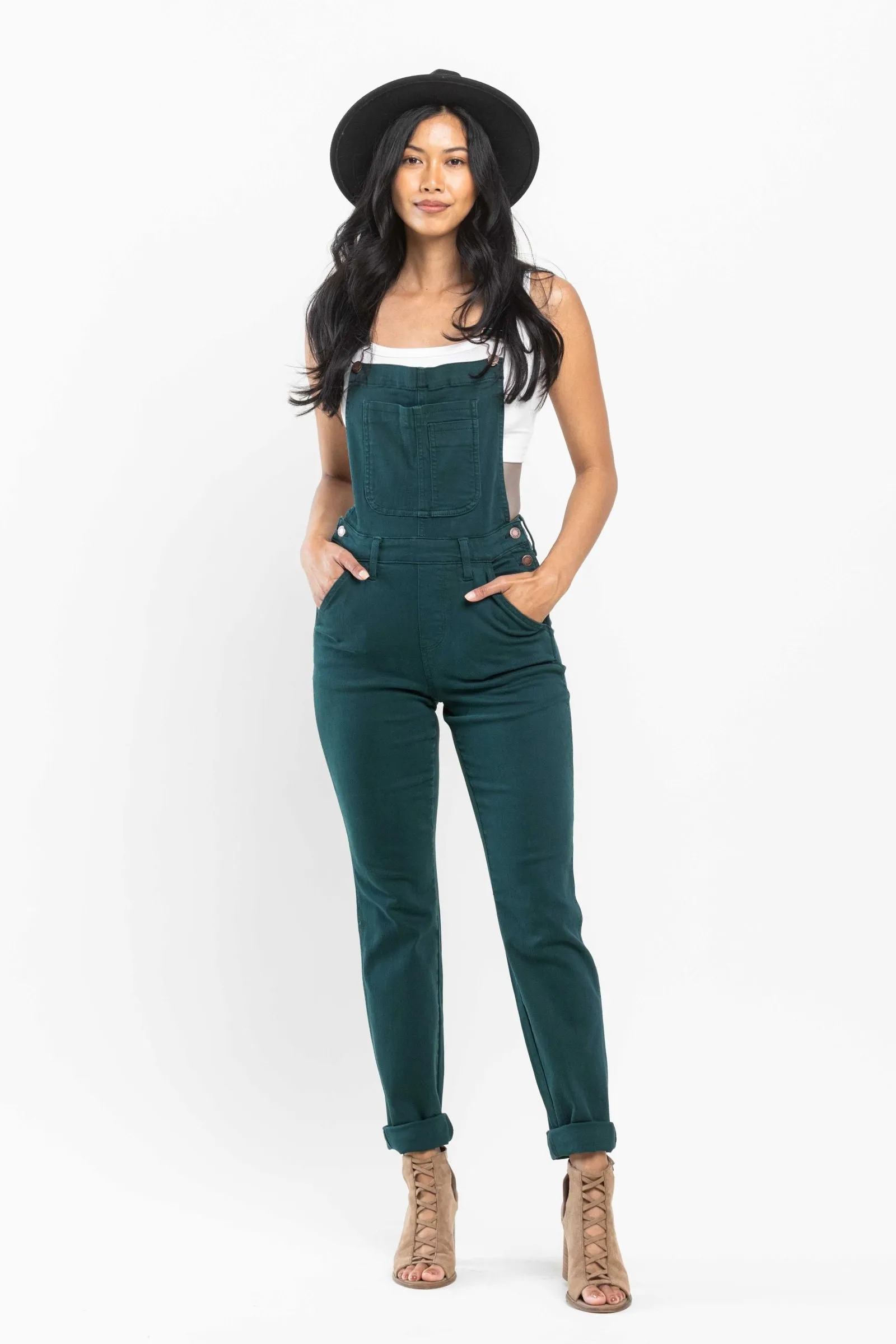 Judy Blue High Waist Garment Dyed Teal Double Cuff Boyfriend Overall Denim 88789