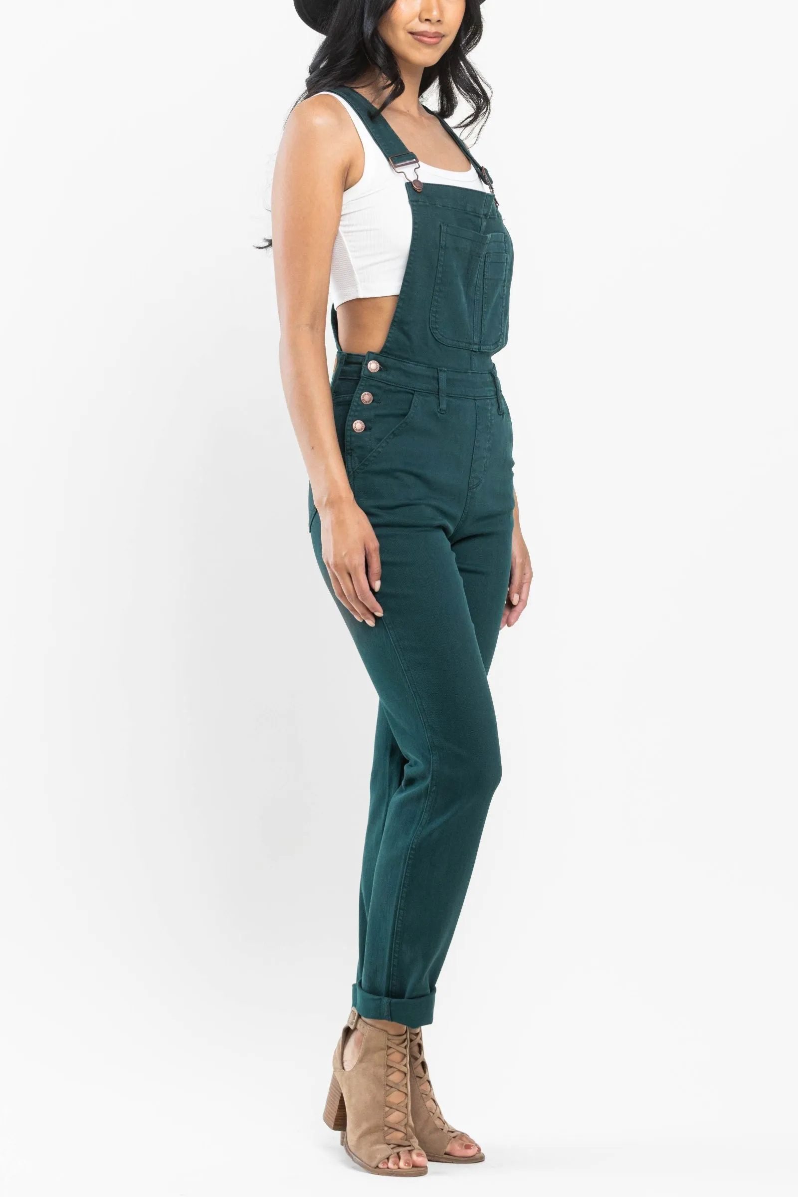 Judy Blue High Waist Garment Dyed Teal Double Cuff Boyfriend Overall Denim 88789