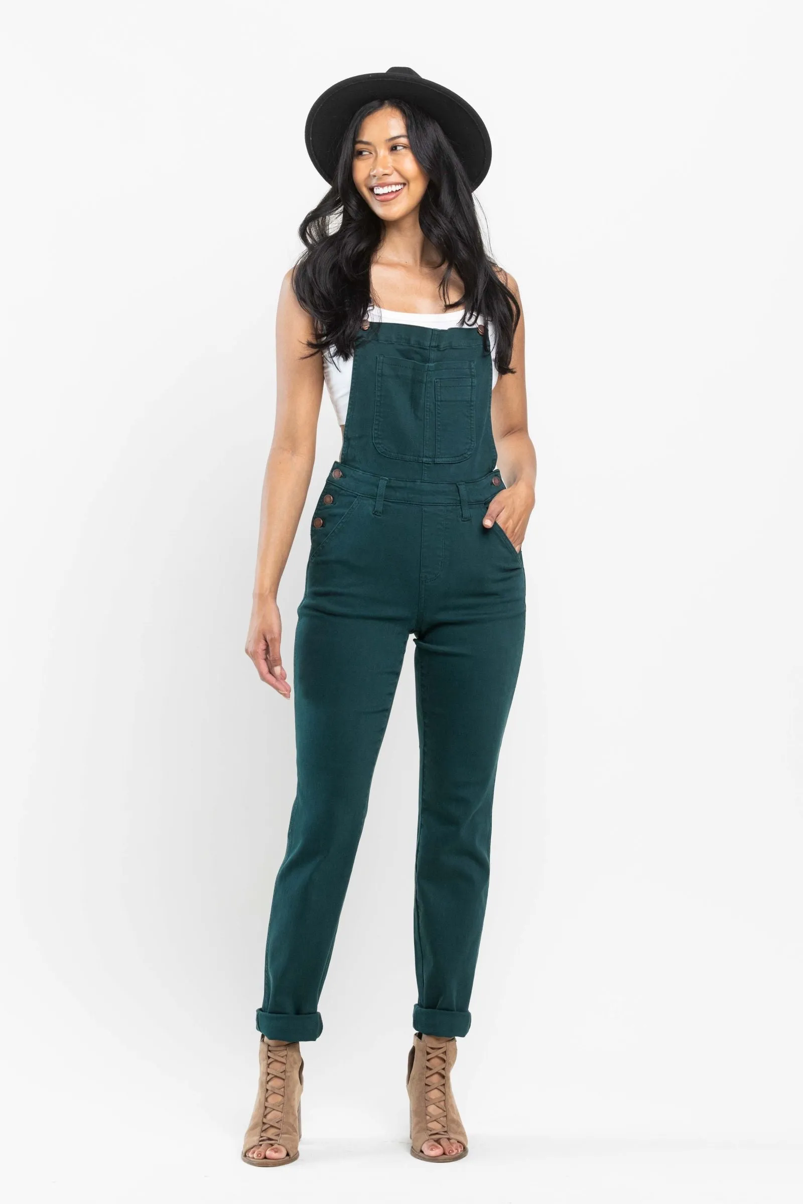 Judy Blue High Waist Garment Dyed Teal Double Cuff Boyfriend Overall Denim 88789