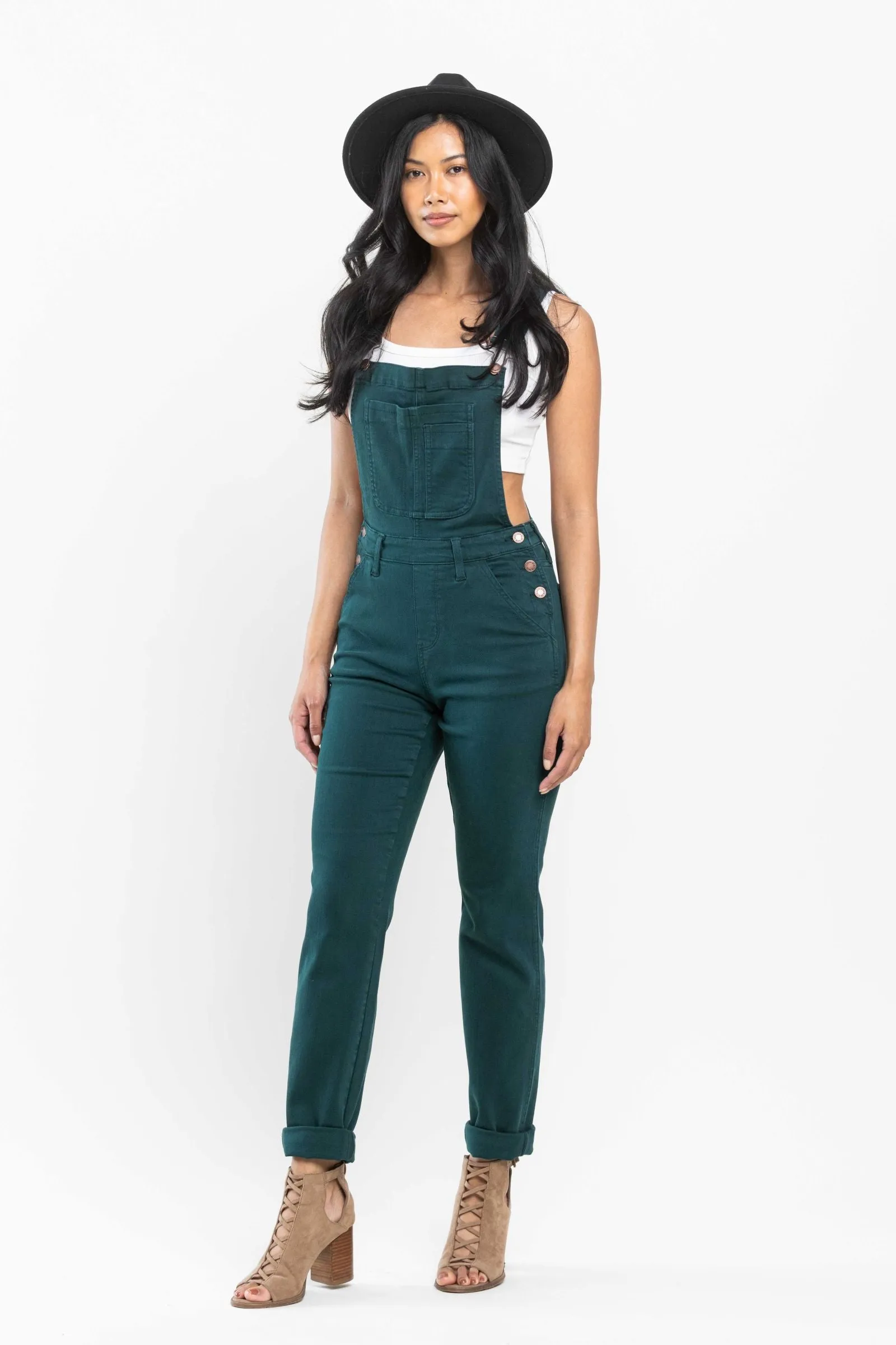 Judy Blue High Waist Garment Dyed Teal Double Cuff Boyfriend Overall Denim 88789