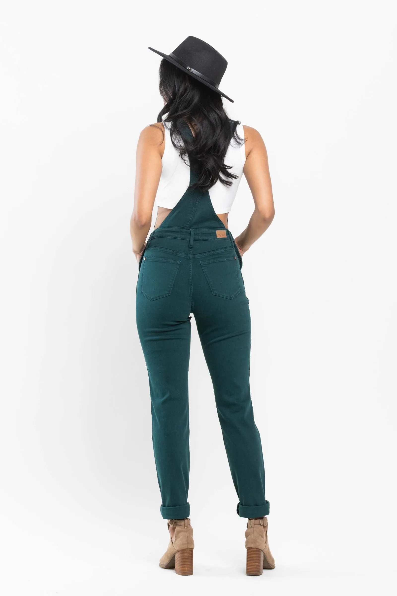 Judy Blue High Waist Garment Dyed Teal Double Cuff Boyfriend Overall Denim 88789