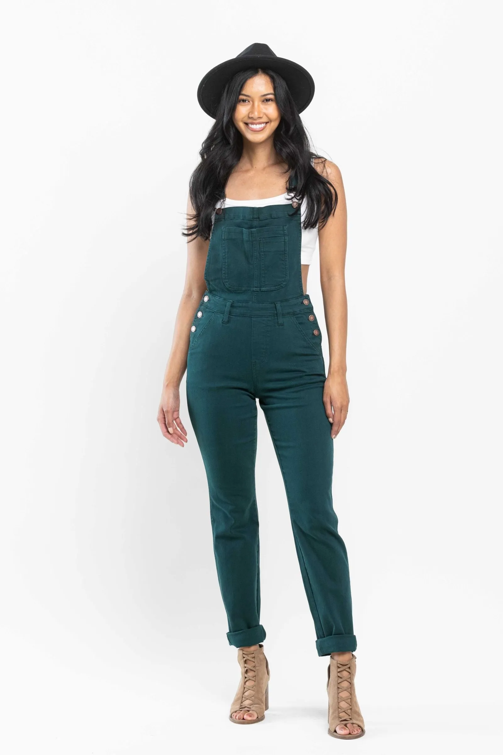 Judy Blue High Waist Garment Dyed Teal Double Cuff Boyfriend Overall Denim 88789