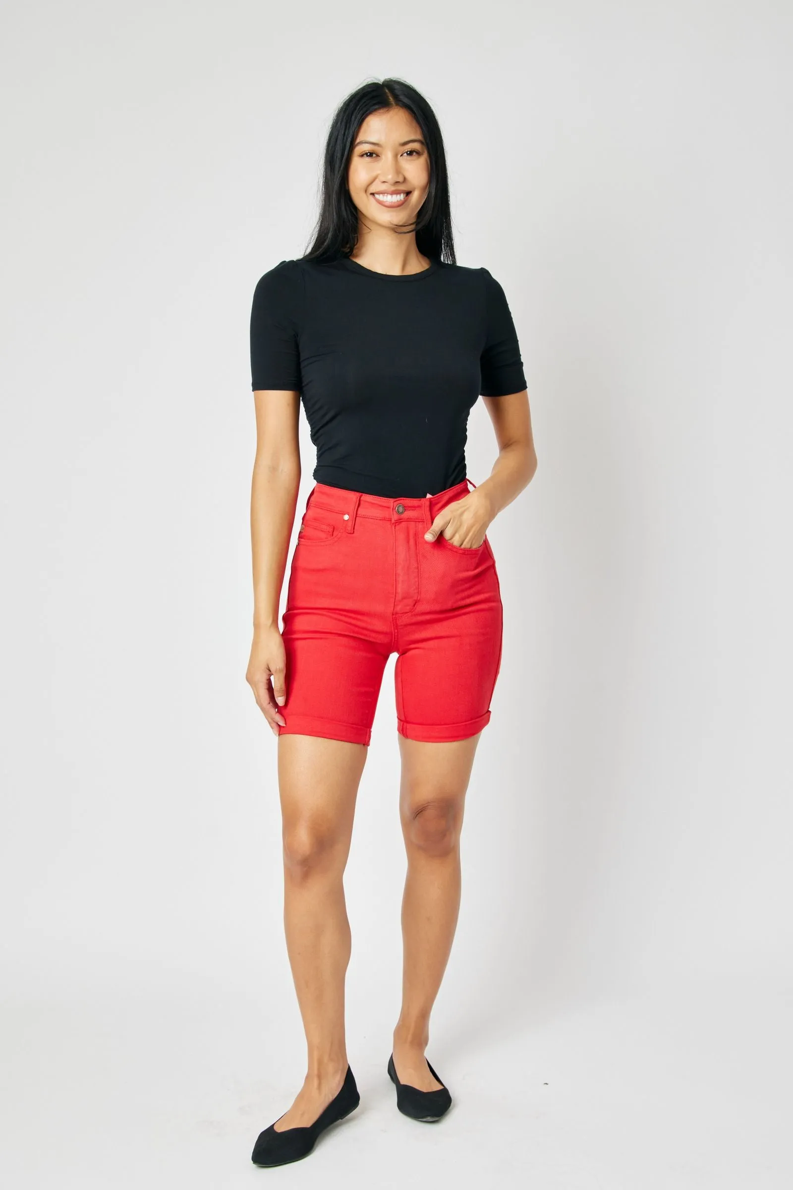 Judy Blue High Waist Garment Dyed Tummy Control Red Bermuda Denim Short 150279