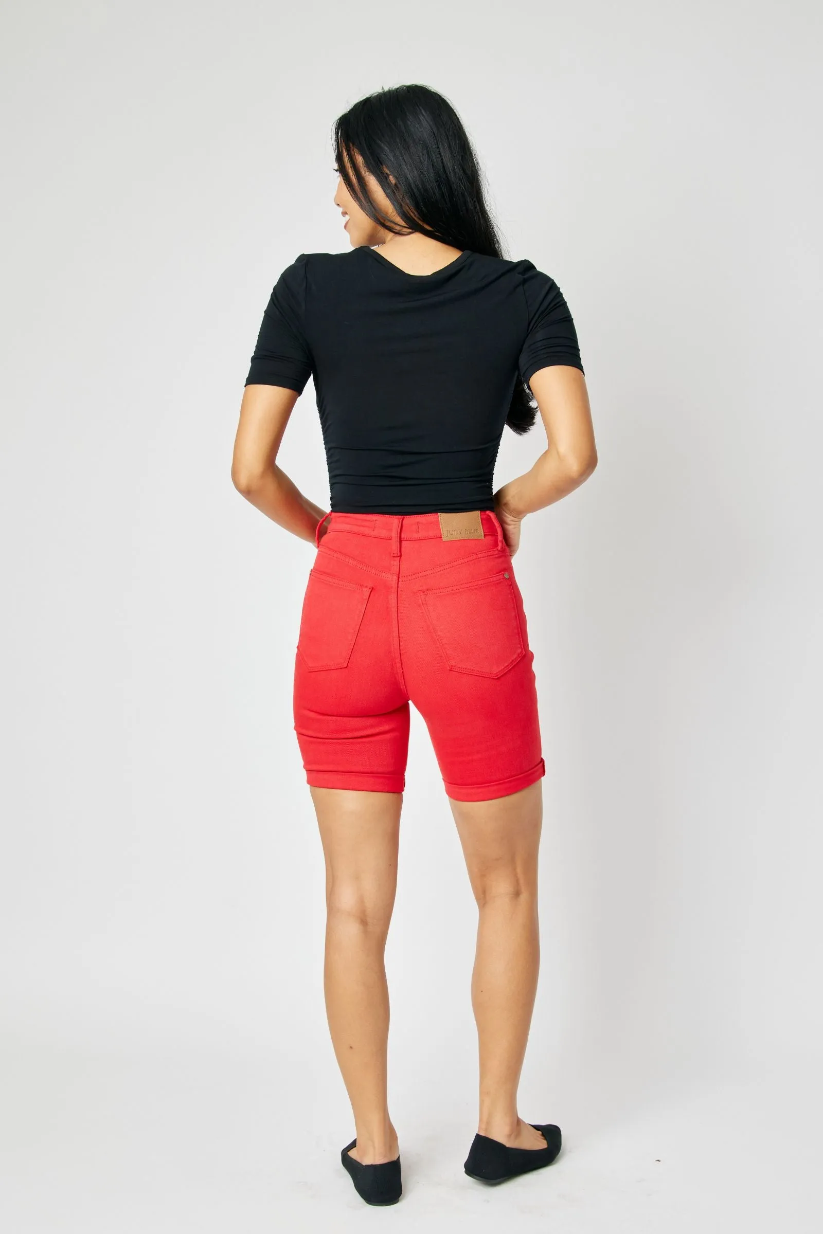 Judy Blue High Waist Garment Dyed Tummy Control Red Bermuda Denim Short 150279